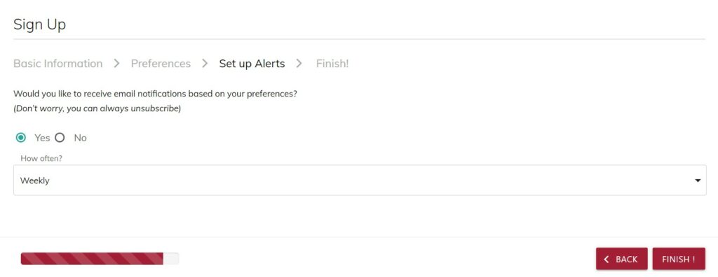 A screenshot of the alert signup page.