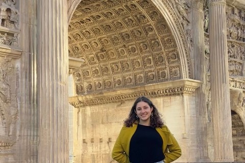 Leela Fredlund in front of an ancient building