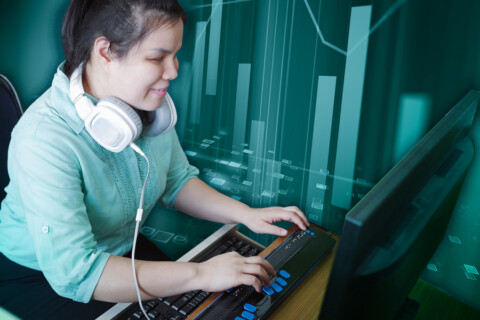 In this digital collage, a photograph shows a blind woman with headphones who is typing on a braille keyboard. An artistic bar graph is overlayed in the teal background. MIT researchers have conducted a study with blind and sighted readers to determine the most useful descriptive alternative text to include with a chart.