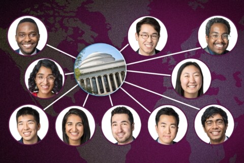 Ten fellowship recipients' headshots placed in circles with lines pointing back to the MIT dome.