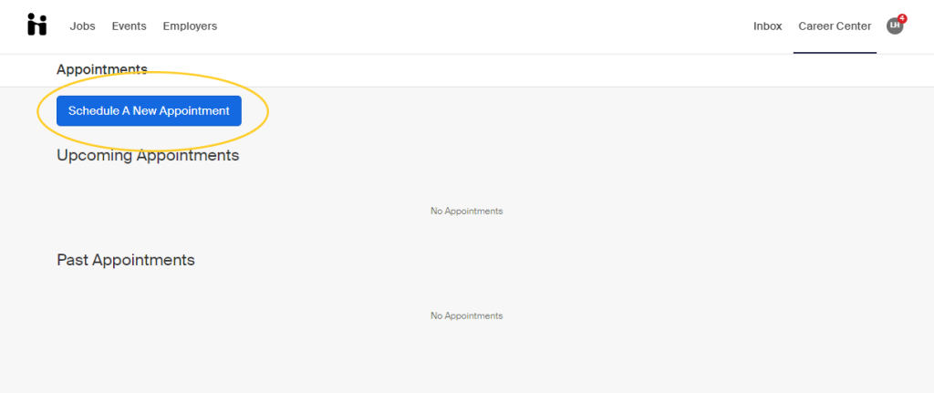 Screenshot of the Appointments page in Handshake, where the "Schedule a New Appointment" button is circled.
