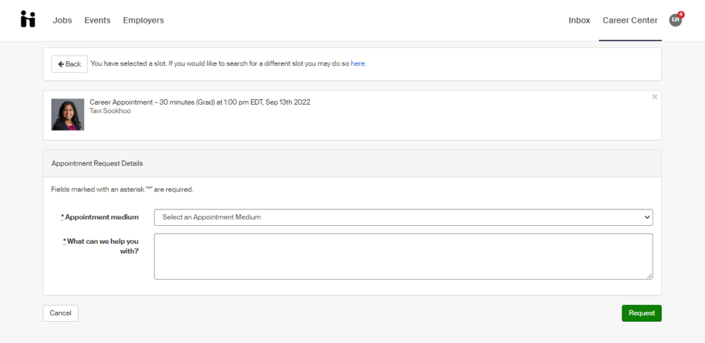 A screenshot of the final stage of scheduling the appointment, where you get to share how you would like to meet and what you would like help with.