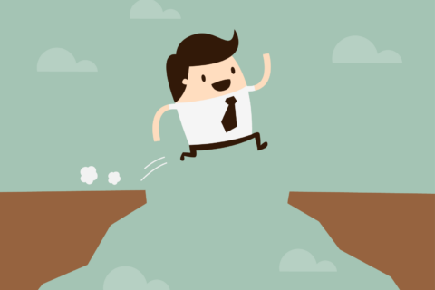 An illustrated person jumps over a gap.