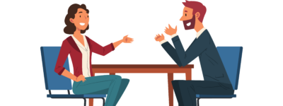 conversation between man and woman at table
