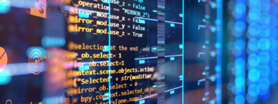 A colorful display of data on screens.