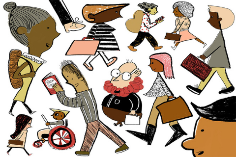 Various cartoon people with different backgrounds going about