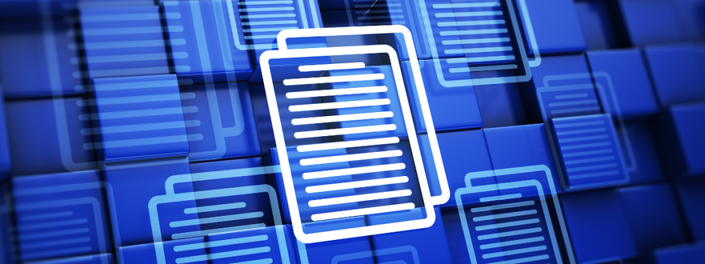 An icon of two papers over a blue geometric background.