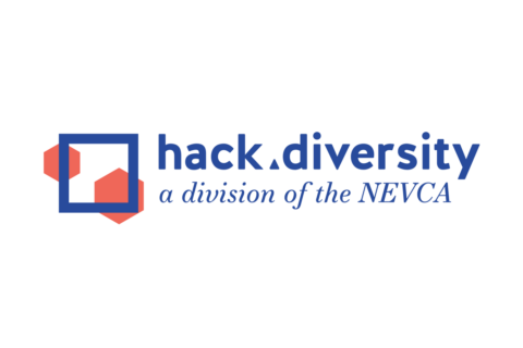 blue and red square and hexagonal logo with blue text on right