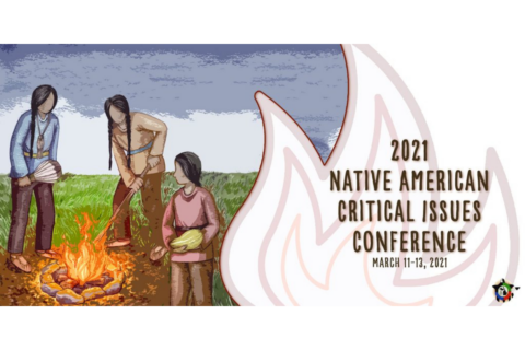 Three Figures Tending to fire with Fire Logo on right enclosing text with conference name and date details
