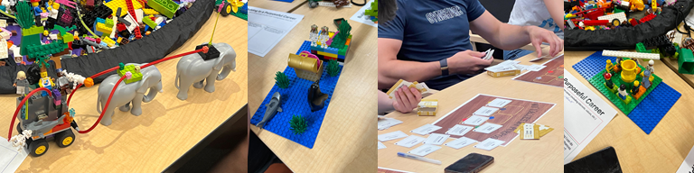 Four photo collage showing value card sorting and a few different LEGO builds from the build to a purposeful career workshop