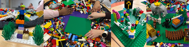 Four photo collage of different LEGO builds from the build your talents into strengths workshop.