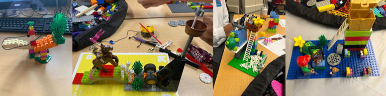 Four photos of different LEGO builds from the build towards your goal workshop.
