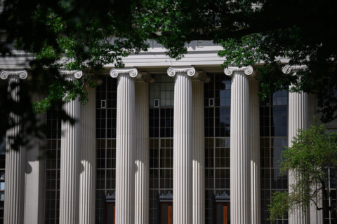Close-up of columns on MIT's campus.